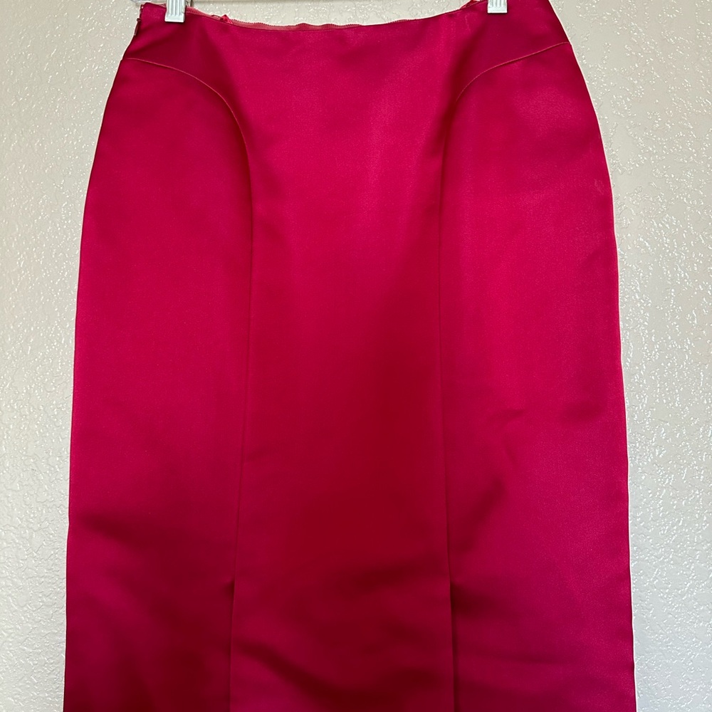 Oscar De La Renta Ruby Red Satin suit jacket and skirt, from 2005 Collection.